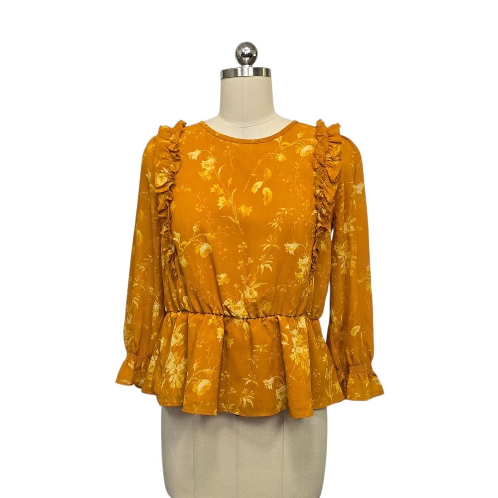 Madewell Mustard Yellow Floral Ruffle Peplum Blouse Size Small Long Sleeve Top